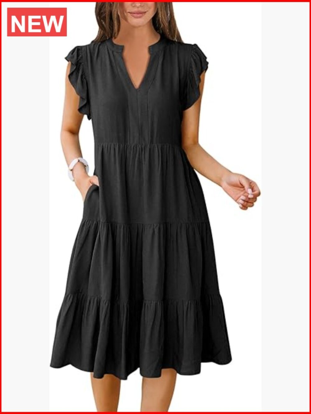 Women's Summer Midi Dress Ruffle Sleeve V-Neck Boho Casual Beach Sundress